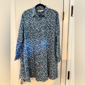 LOFT Blue Floral Denim-Style Button Shirt Dress